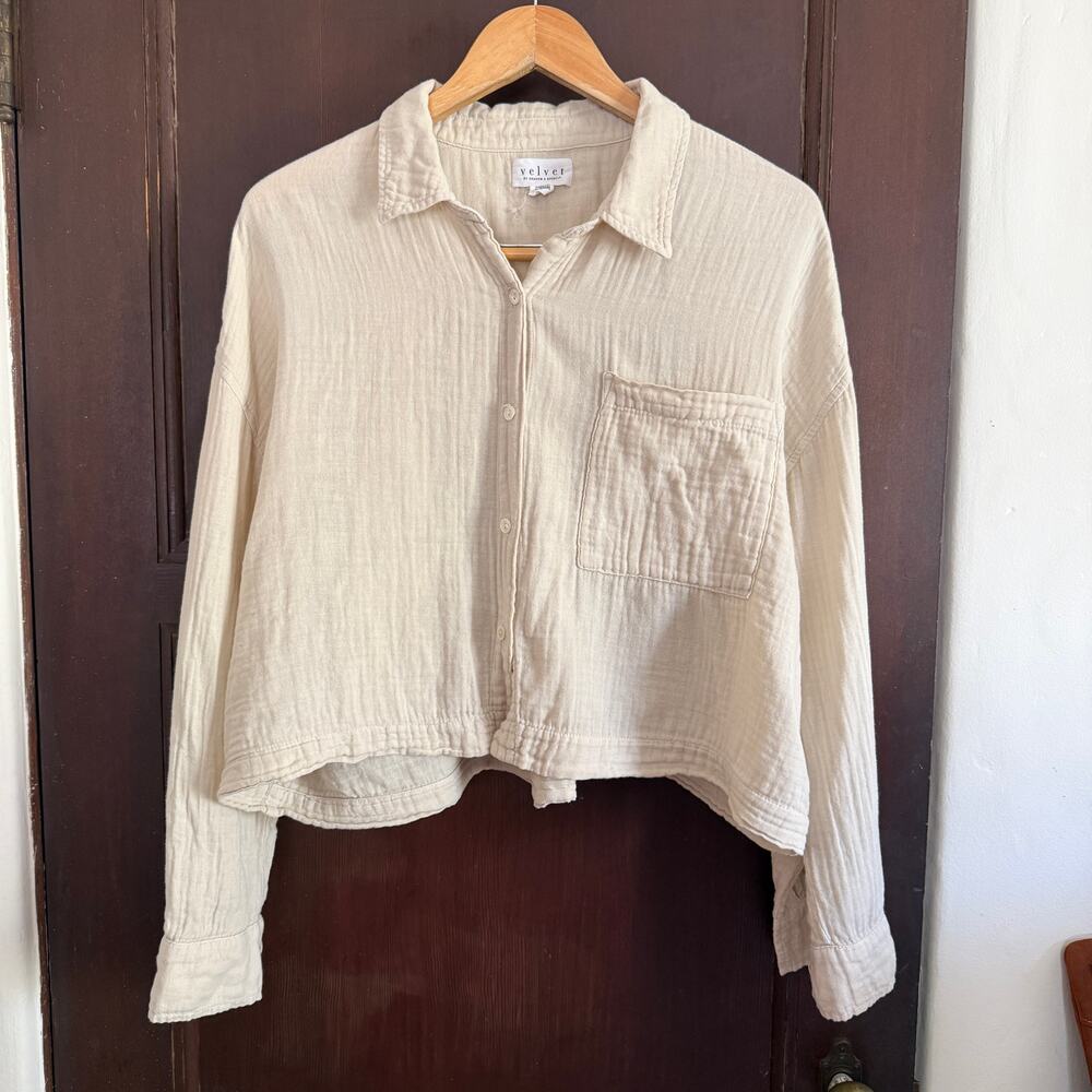 VELVET by Graham & Spencer Tan Cotton Boxy Cropped Gauze Shirt Medium